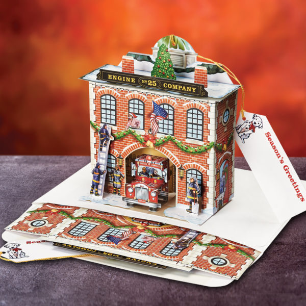 Fire Station Pop Up Christmas Card Ornament - Front View