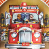 Fire Station Pop Up Christmas Card Ornament - Detail with Fire Truck, Fireman and Dalmatian