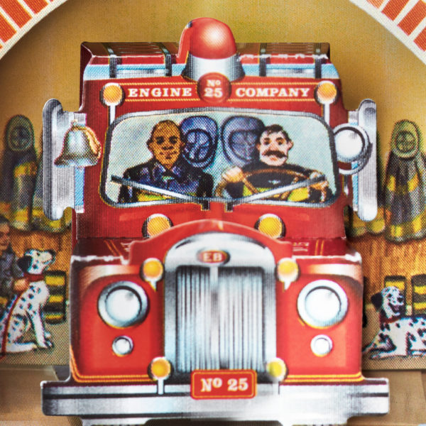 Fire Station Pop Up Christmas Card Ornament - Detail with Fire Truck, Fireman and Dalmatian