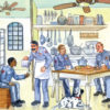 Fire Station Pop Up Christmas Card Ornament - Detail Fireman Cooking Holiday Meal